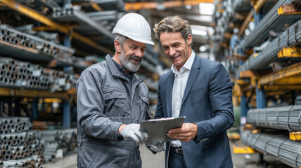 Naklejka premium Business collaboration in a steel warehouse between two professionals