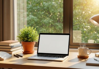 Fototapeta premium Silver laptop on a desk by the window with a keyboard and screen