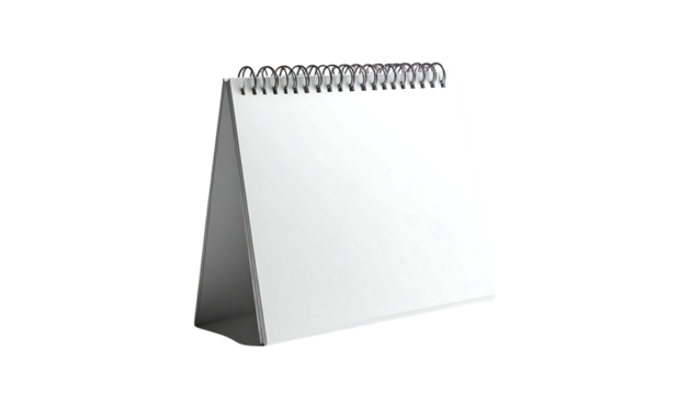 A blank white desktop calendar with a spiral binding, standing on a triangular base, isolated on a black background