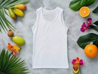 white athletic tank top styled flat on a gray concrete surface with exotic flowers and fruits nearby