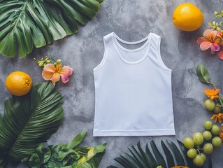 white athletic tank top styled flat on a gray concrete surface with exotic flowers and fruits nearby