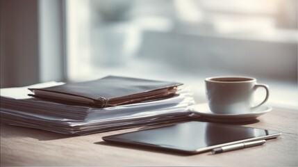 Naklejka premium Desk with coffee, tablet, and documents for work