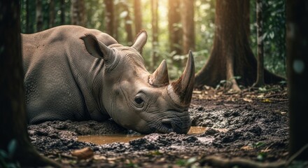 Fototapeta premium Rhino resting in the forest, drinking water, wildlife photography.