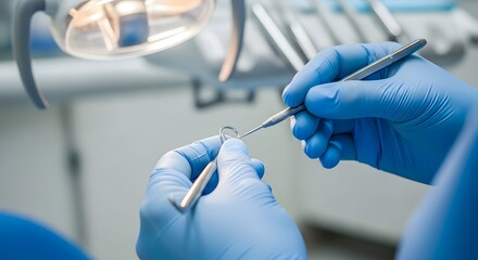 Fototapeta premium Dentist performing a dental procedure with tools in a clinical environment, focused on patient care