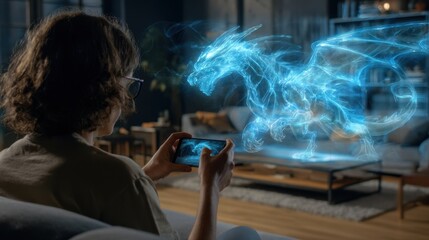 Person playing augmented reality mobile game with dragon hologram