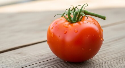 Fresh ripe tomato glistening with droplets on weathered wood planks