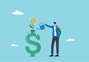 Money growth, growing investment profit or retirement pension fund, increase wealth and earning, income or revenue concept, businessman watering growing seedling with dollar money coin flower.