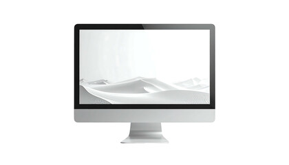 Sleek, minimalist all-white desktop computer displaying a grayscale desert landscape on its screen