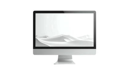 Sleek, minimalist all-white desktop computer displaying a grayscale desert landscape on its screen