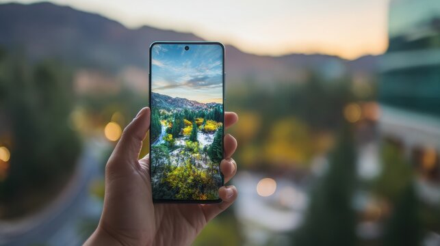 Hand holding smartphone displaying mountain autumn landscape - Powered by Adobe