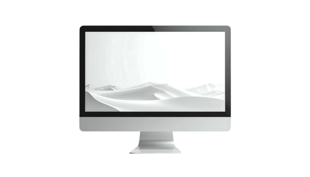 Sleek, minimalist all-white desktop computer displaying a grayscale desert landscape on its screen