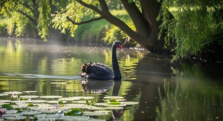 Elegant black swan gliding through calm water with morning light.