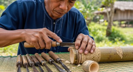 Skilled artisan carves intricate designs into bamboo, showcasing traditional craftsmanship and dedication.