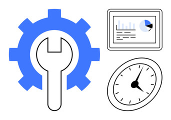 Gear with wrench for maintenance, report screen with charts for analytics, clock for time tracking. Ideal for business, productivity, workflow, KPI, analytics management planning. Simple flat