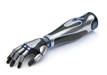 Sleek, futuristic robotic arm with metallic and carbon fiber design, featuring articulated fingers and glowing blue accents, 3D rendering