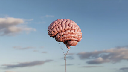 A surreal balloon resembling a human brain, gently drifting among soft clouds against a clear blue sky, exemplifies a minimalistic and thought-provoking conceptual art style.