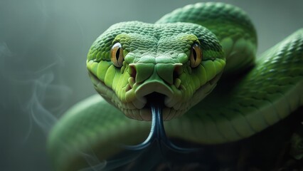 Fototapeta premium Intense close-up of a vibrant green pit viper with golden eyes flicking its dark blue tongue, exuding primal danger and raw nature's power.