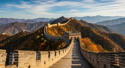The Great Wall of China winding through mountainous terrain under a clear sky.