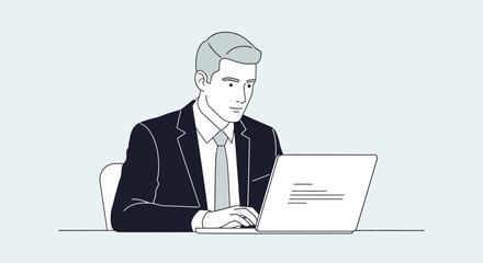 Professional businessman using laptop computer in a modern office setting illustration