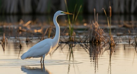 Naklejka premium Great Egret wading in shallow water at sunset.