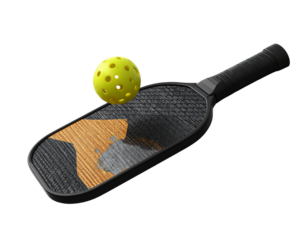 Angled Pickleball Paddle with Ball in Motion, Dynamic 3D Composition, PNG
