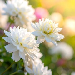 Close-up of white dahlias in sunlight