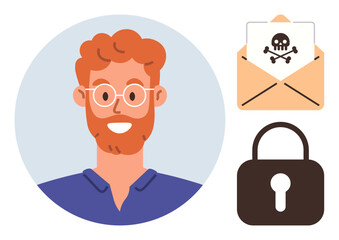 Smiling red-haired man, envelope with skull crossbones as malware alert, lock representing security. Ideal for internet safety, cybersecurity, hacking risk, data protection, phishing awareness