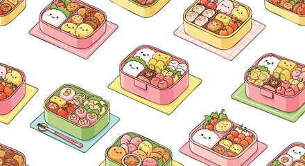 Delightful bento boxes with adorable food characters for healthy school lunches and fun family meals featuring cute smiling faces