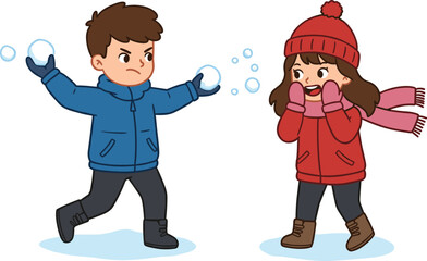 Cartoon children playing snowball fight in winter season, boy throwing snow, girl laughing happily, outdoor fun holiday activity illustration