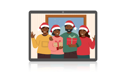 Online Christmas celebration concept. Video call by gadget with two generation family. Family, togetherness and Christmas concept. Vector flat clipart.
