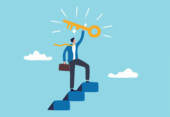 Key to business success, stairway to find secret key or achieve career target concept, businessman winner walk up to top of stairway lifting golden success key to the sky.