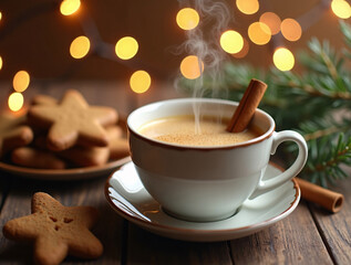 Warm festive winter flat lay with ceramic cup of golden milk, cinnamon, steam, fairy lights, ginger cookies and pine branches on rustic wooden table, cozy atmosphere