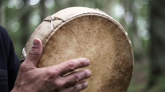Hand holding a shaman drum in nature, ritual music