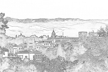 The Alhambra of Granada. The fortress and palace complex of the Alhambra. Landscape of Granada.