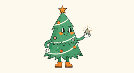 Retro Christmas tree cartoon character holding ornament evokes vintage holiday cheer and festive memories for seasonal cards and decorations