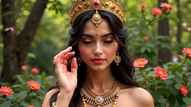 Divine Sita in Blooming Forest Awaits Your Vision: Hindu Goddess Beauty, Grace, and Spiritual Power in Stunning 4K Video for Your Project