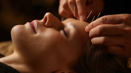 Acupuncture treatment session with needles inserted on woman's forehead while she relaxes on a treatment table in a serene indoor environment with soft lighting.