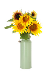 Obraz premium Beautiful sunflowers in can used as vase isolated on white