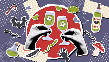 Halloween collage banner with drinks in human hands. Halloween background. Halloween and celebration concept. Vector flat illustration.