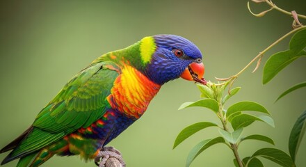 Vibrant Rainbow Lorikeet Parrot Perched on a Branch Eating Leaves.