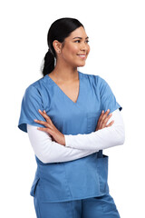 Healthcare, thinking and a medical nurse woman isolated on a transparent, png background....