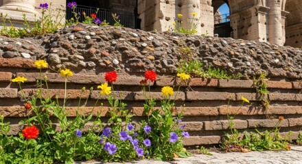 Vibrant Wildflowers Adorning Ancient Roman Ruins Under Sunny Skies.