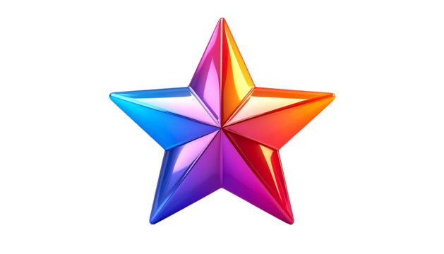 A five-pointed star, rendered in vibrant, glossy hues of blue, purple, red, and orange, set against a black background.  The star exhibits a polished, metallic sheen