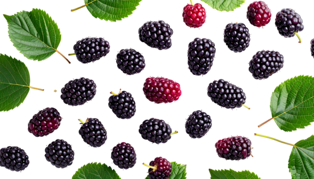 A vibrant arrangement of black and red mulberries scattered against a black background, interspersed with lush green leaves