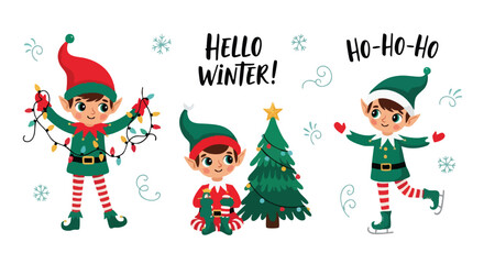 Cheerful Christmas elf characters celebrating winter with lights and holiday cheer, perfect for festive designs and seasonal promotions