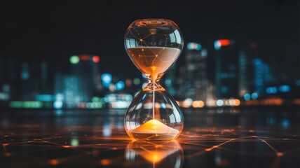 Hourglass: A mesmerizing hour glass stands against a backdrop of a blurred cityscape at night, the sand slowly trickling downwards, symbolizing the passage of time and the preciousness of each moment.