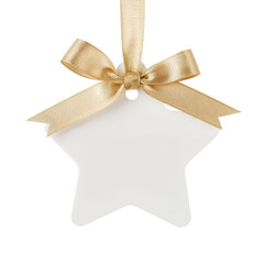White star shaped tag with gold ribbon and bow isolated on a transparent background