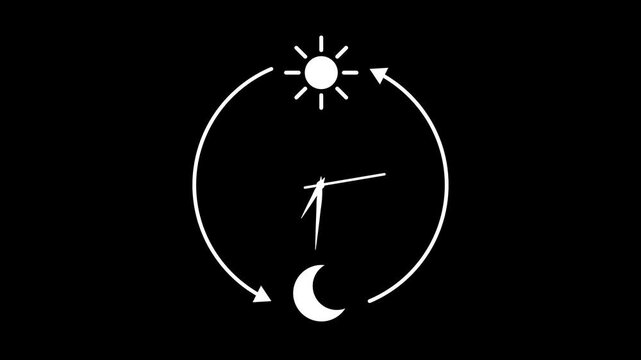 Loop animation with sun and moon cycle showing circadian rhythms. Alpha channel, clock arrows, day and night transition, biological rhythm concept for health, sleep, energy and balance design.