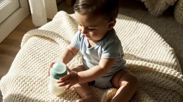 Joyful indian baby boy with bright eyes and sweet smile sits comfortably on a soft knitted blanket next to his milk bottle