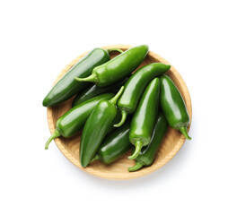 Green jalapeno peppers in bowl isolated on white, top view